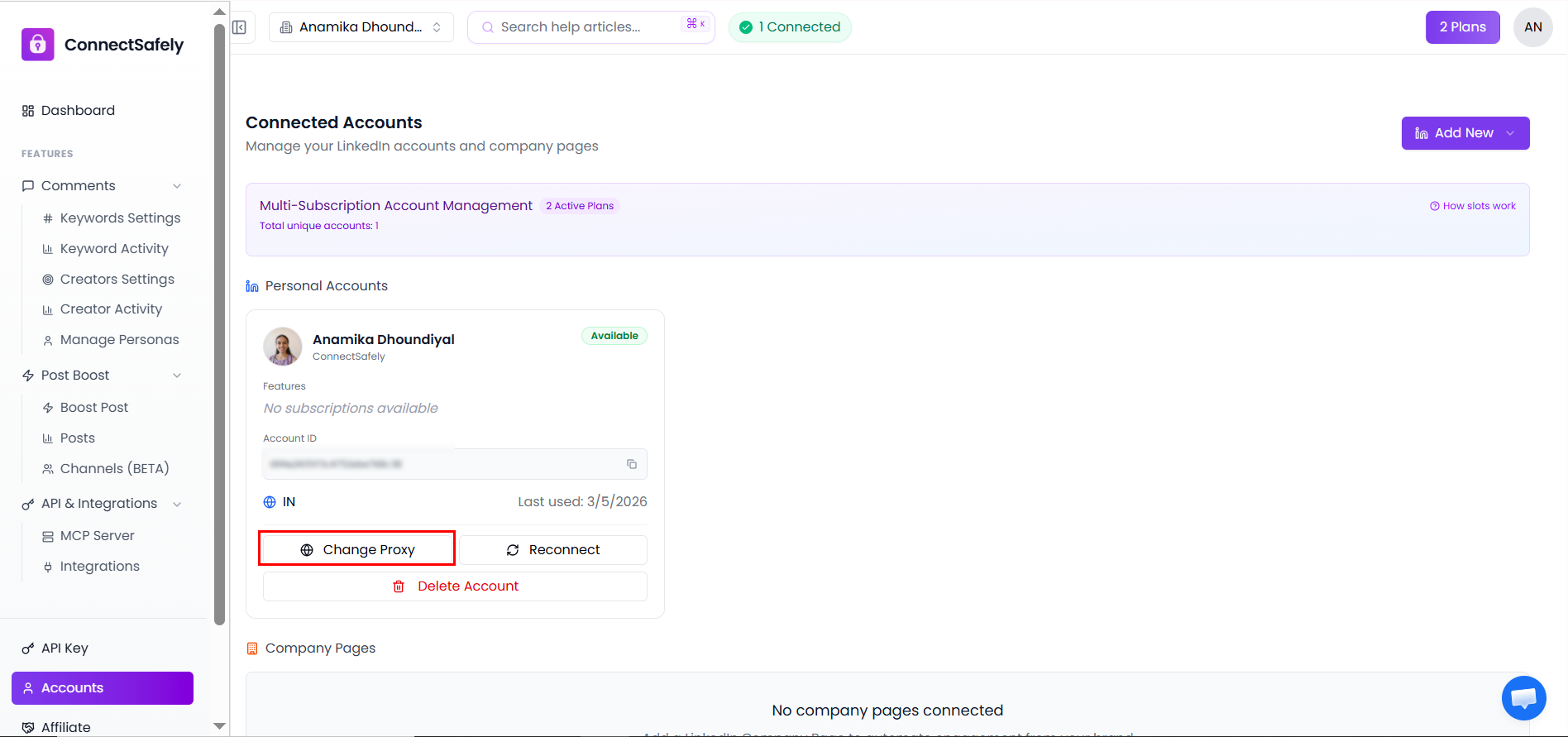 Accounts page showing connected LinkedIn profiles and company pages